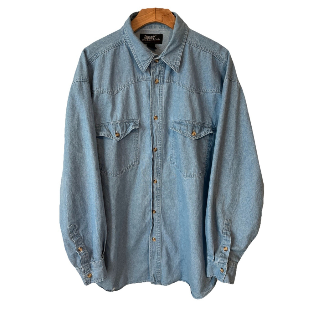 Impact Mens Blue Denim Button Down Shirt Large